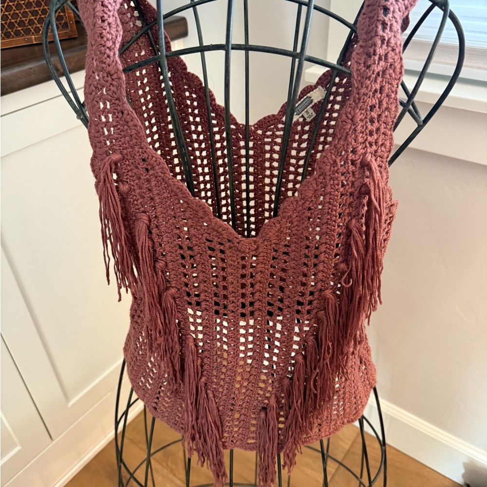 Gimmicks by BKE Brown Crochet Fringe Tank Top